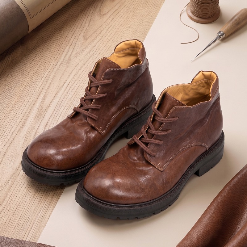 Men Shoes Oxford - รองเท้าบูทข้อเท้าผู้ชายทำมือสุดหรู หนังแท้ รุ่นใหม่ฤดูใบไม้ร่วง 2026 แฟชั่นสไตล์เรโทร หัวกลม