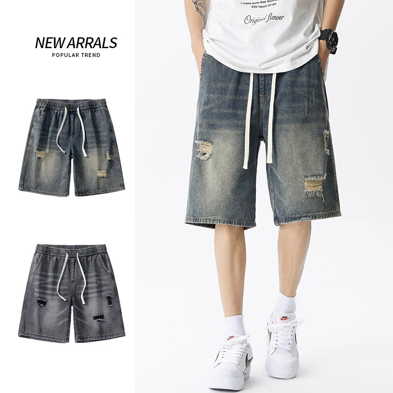 Men'S Shoes With Jeans - เสื้อผ้าแนวสตรีทเรโทรของผู้ชาย celana pendek DENIM บางฤดูร้อนกางเกงยีนส์ชายขาสั้นยืดตรงหลวมสีฟ้าสีเทา