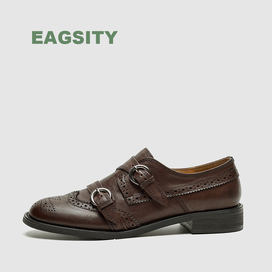Oxford Brogue Leather - รองเท้าหนังวัวแท้สไตล์อังกฤษสำหรับผู้หญิง รองเท้าอ็อกซ์ฟอร์ด ส้นบล็อก หัวกลม รองเท้าเดอร์บี้ รองเท้าบร็อก