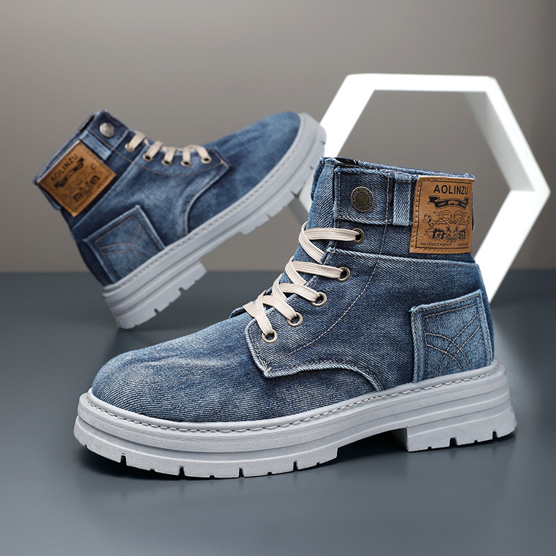 Men'S Shoes For Work - รองเท้าบูทเดนิมสไตล์เรโทรสำหรับผู้ชาย ไซส์ใหญ่พิเศษ 39-48 รองเท้าผ้าใบหุ้มข้อสูงสำหรับทุกฤดูกาล รองเท้าลำลองสำหรับทำงาน รองเท้าบูทแบบผูกเชือก
