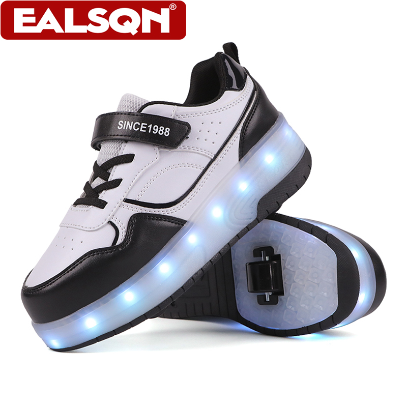 Men'S Shoes With Velcro - รองเท้าสเก็ตล้อ LED สำหรับเด็ก ดีไซน์ล้อคู่ พร้อมสายรัดเวลโคร รองเท้าสเก็ตสำหรับเด็กผู้ชายและเด็กผู้หญิง
